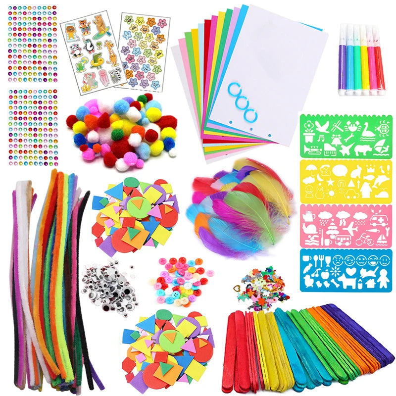 Colorful Pipe Cleaners Craft Kit Popsicle Plush Sticks Pompoms Stickers DIY Arts Supplies Children Kids Montessori Education Toy - petguardiansupplies