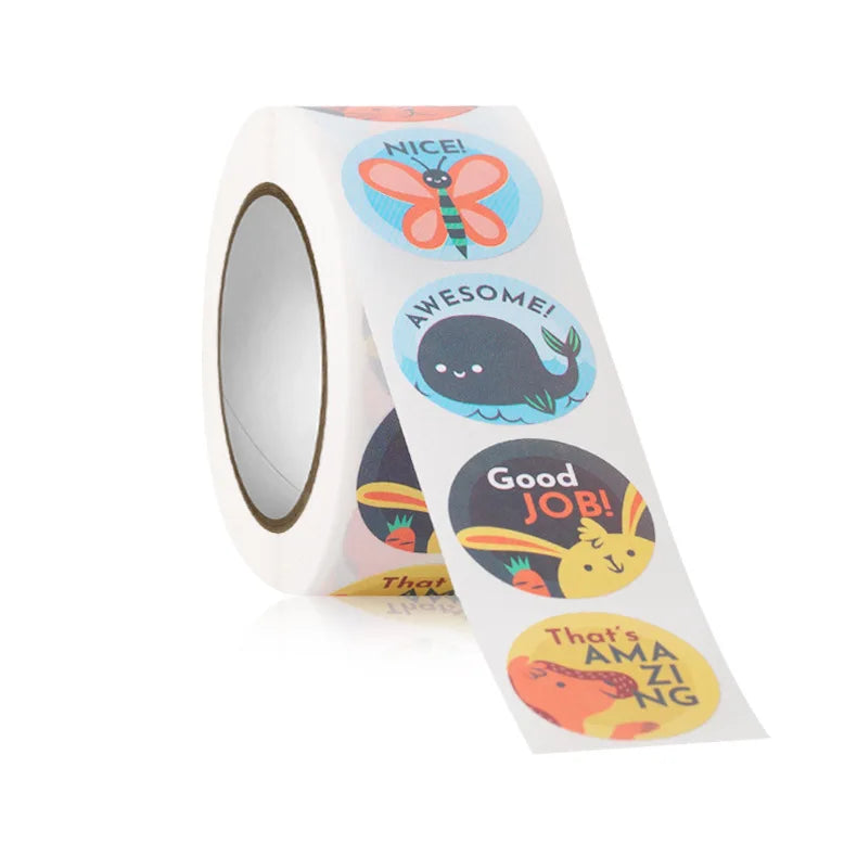 100-500 Pcs 1inch/2.5cm Animal Good Job Cool Stickers Roll for Envelope Praise Reward Student Work Label Stationery Seal Lable - petguardiansupplies