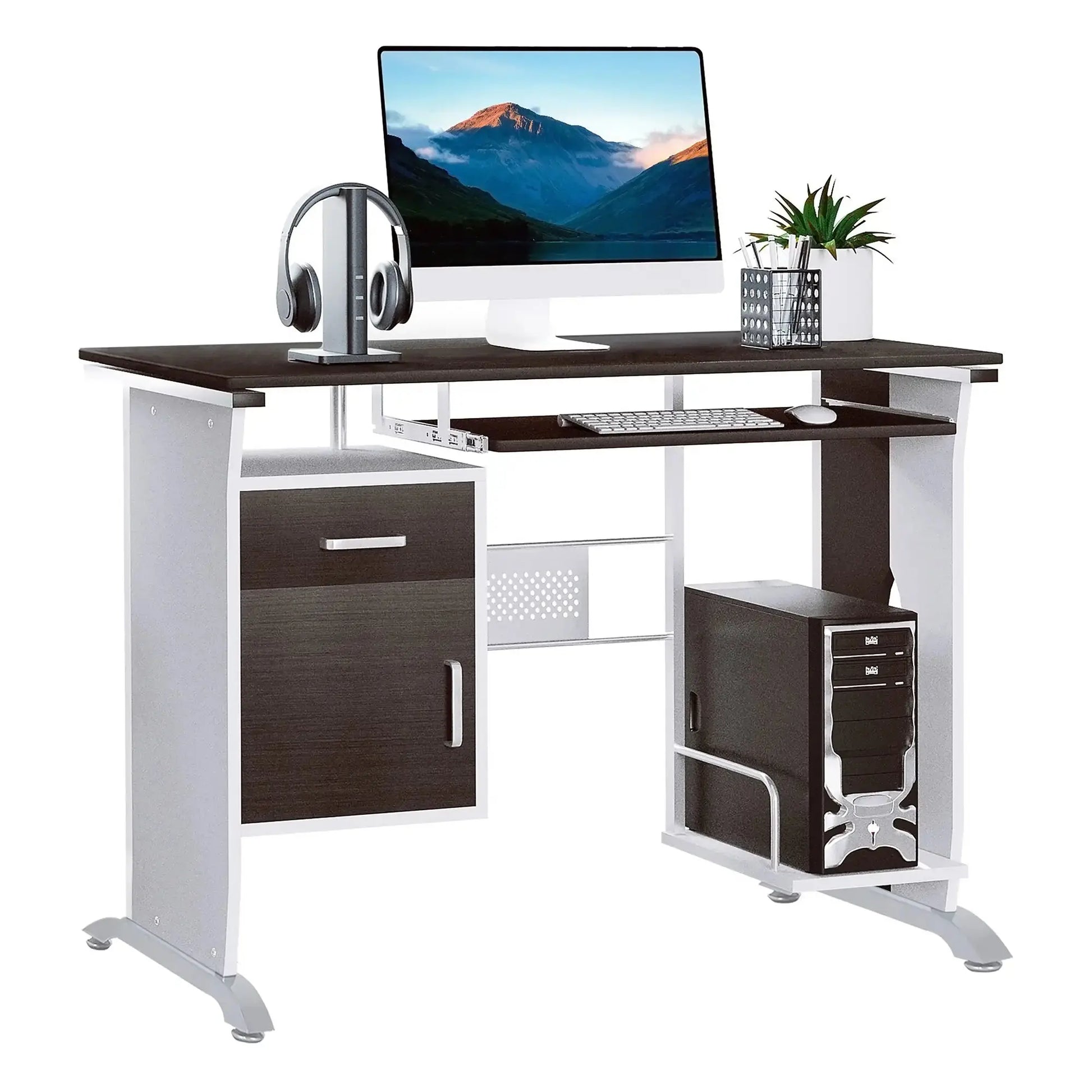 Home Office Workstation Desk, PC Computer Desk with Sliding Keyboard Tray, Storage Drawers, Host Box Shelf, Black Walnut | HOMCOM-0