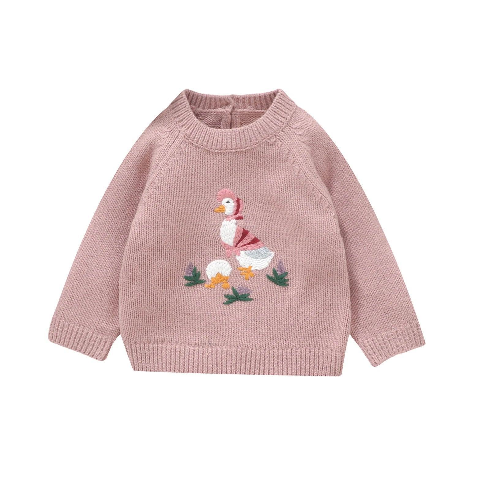 FOCUSNORM 4 Colors Lovely Baby Girls Sweater 0-3Y Cartoon Duck Embroidery Long Sleeve Pullovers Fall Winter Kids Jumpers Tops - petguardiansupplies