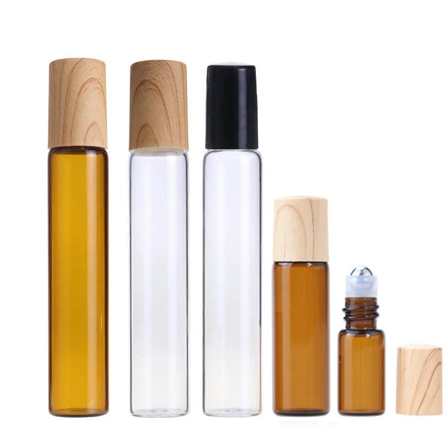 20X 50X Glass Essential Oil Roller Bottles 1ml 2ml 3ml 5ml 10ml Frosted Clear Roll on Vials PP Wood Paint Cap Lid Perfume Refill - petguardiansupplies