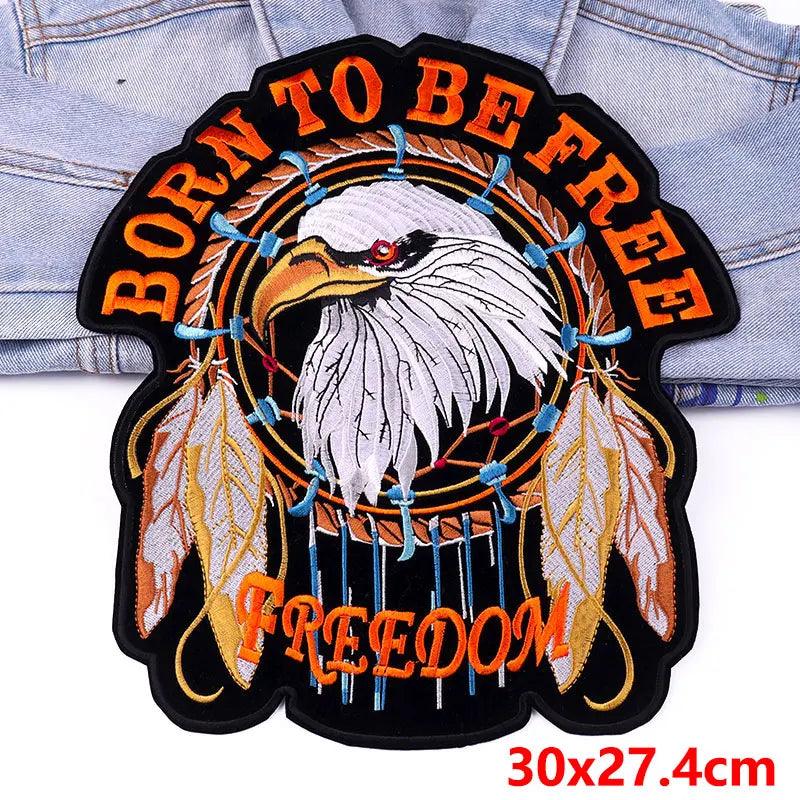 LAND FREE BRAVE Patch Large Back Embroidered Patches Motorcycle Biker Sewing Patch Iron On Patches For Clothing Jacket Jeans DIY - petguardiansupplies