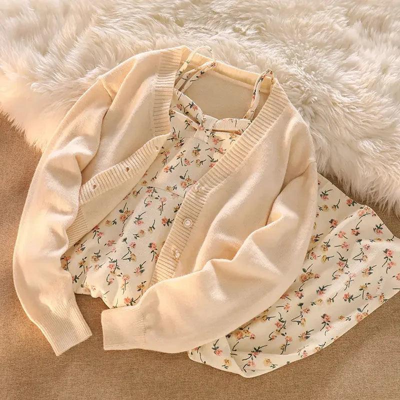 2024 Autumn New Fragmented Flower Tank Dress Elegant Dress Knitted Cardigan Warm Match Autumn Suit - petguardiansupplies