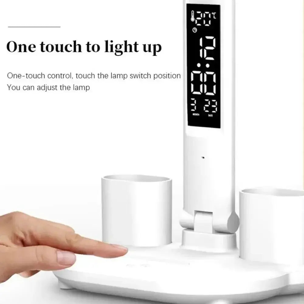 Rechargeable Foldable Touch LED Desk Lamp Table Light with Fan Calendar Clock Dispaly Eye Protection Study Reading Lamp - petguardiansupplies