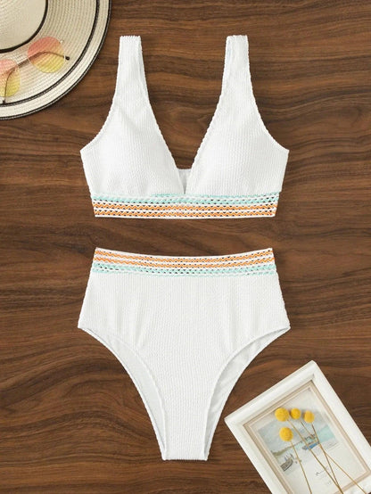 2024 Sexy Strape Tape Swimsuit Women Solid High Waist Bikini Set V-neck Swimwear Female Padded Bathing Suit Swimming Beachwear - petguardiansupplies