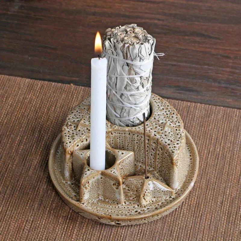 4-In-1 Ceramic Candle & Incense Holder Morandi Color with Cute Stars and Moon Design Perfect for Sage Palo Santo Stick Incense - petguardiansupplies