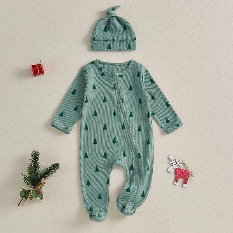 FOCUSNORM Newborn Baby Girls Boys Christmas Romper Sets Xmas Tree Print Long Sleeve Zip-Up Footed Jumpsuits Knot Hat - petguardiansupplies