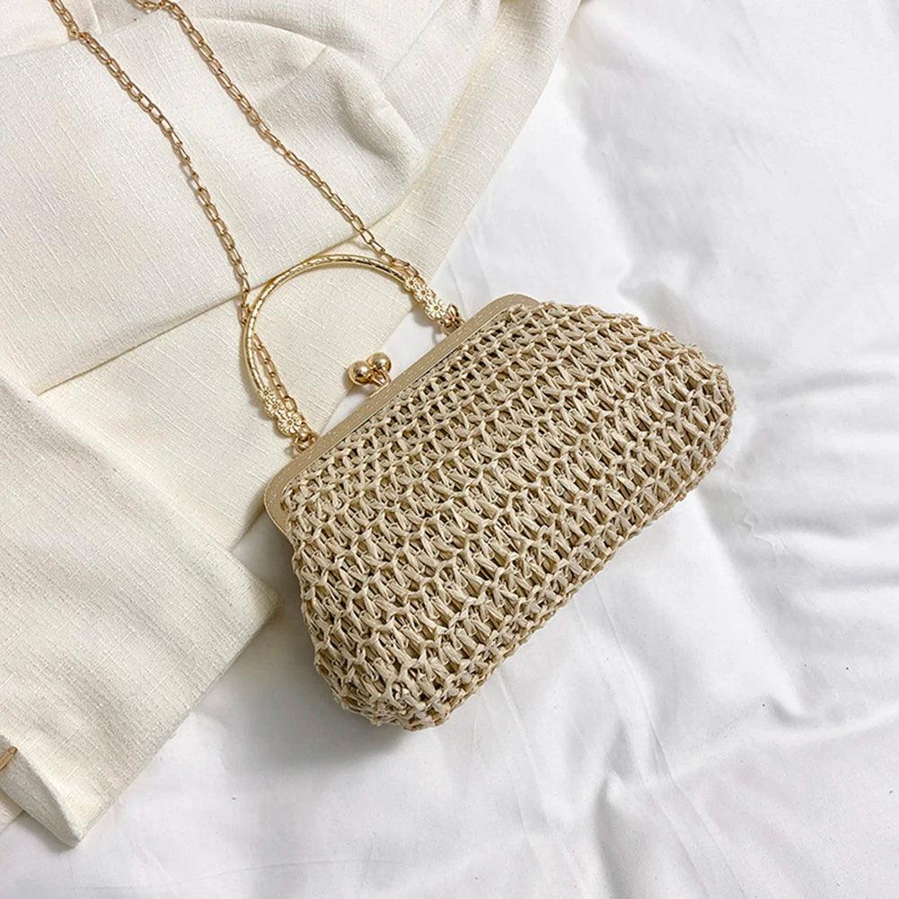 Summer Beach Straw Bags Exquisite Gold Chain Party Banquet Purse Hand Woven Handbag Female Clutch Bag Shoulder Crossbody Bags - petguardiansupplies