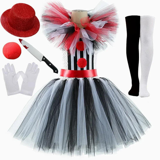 Terrifier Clown Costumes for Girls Scary Killer Circus Clowns Halloween Tutu Dress Outfit for Kids Carnival Party Creepy Clothes - petguardiansupplies