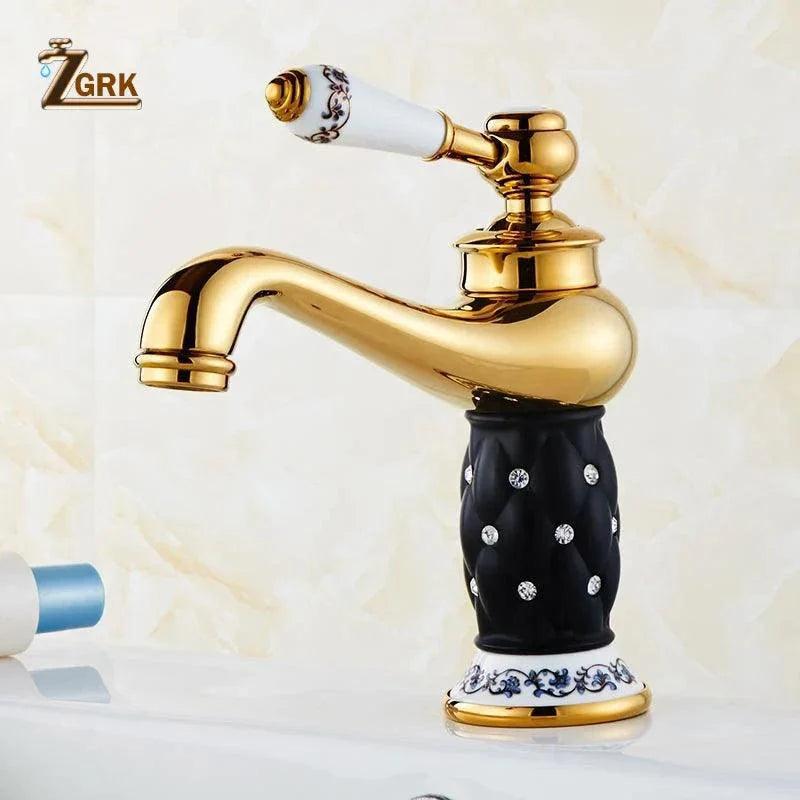 ZGRK Basin Faucets Diamond Gold Bathroom Faucet Single Handle Mixer Tap Hot and Cold Water Mixer Crane Bath Brass Mixer Tap - petguardiansupplies