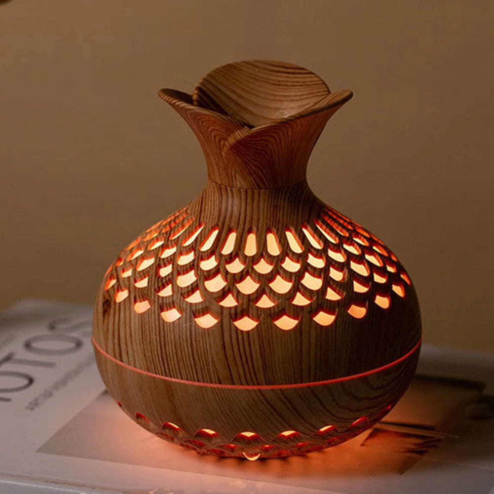 300ML Wood Grain Flower Humidifier Silent Aromatherapy Diffuser USB Rechargeable Mini Humidifier with Colourful Night Light - petguardiansupplies