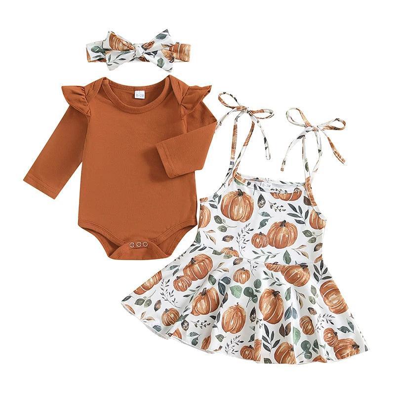 FOCUSNORM 3pcs Baby Girls Halloween Clothes Set 0-18M Pumpkin Print Long Sleeve Ruffled Romper Lacing Strap Sundress Hair Band - petguardiansupplies