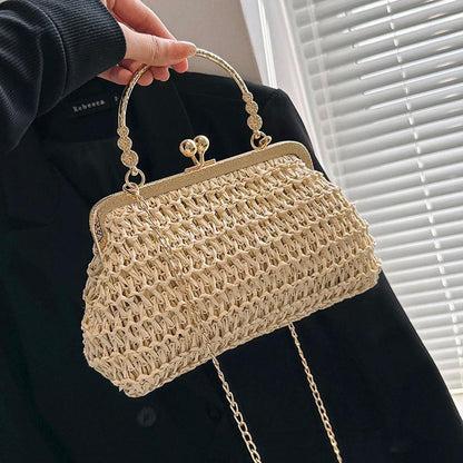 Summer Beach Straw Bags Exquisite Gold Chain Party Banquet Purse Hand Woven Handbag Female Clutch Bag Shoulder Crossbody Bags - petguardiansupplies