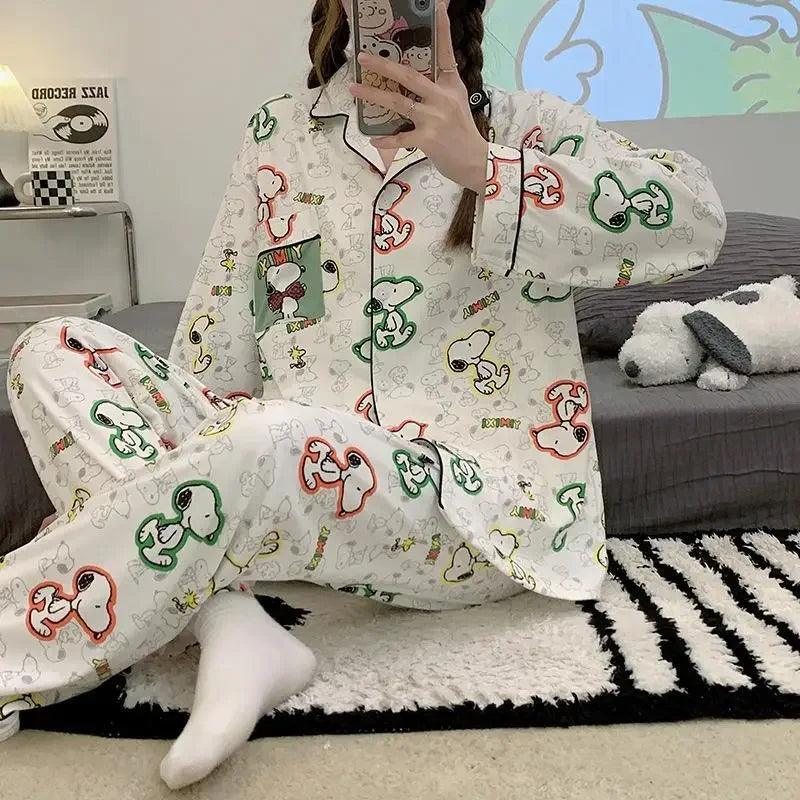 MINISO Kawaii Snoopy Anime Cartoon Cute Printed Pajamas Spring and Autumn Long sleeved Home Furnishing Two Piece Set - petguardiansupplies