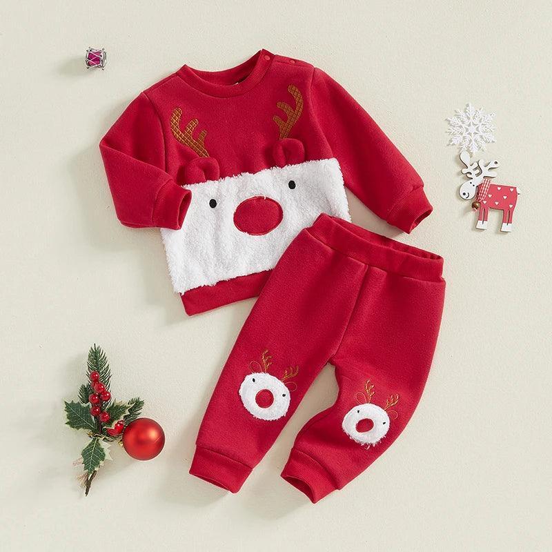 FOCUSNORM 0-3Y Autumn Winter Baby Girls Boys Christmas Clothes Sets Fur Reindeer Embroidery Long Sleeve Sweatshirt with Pants - petguardiansupplies