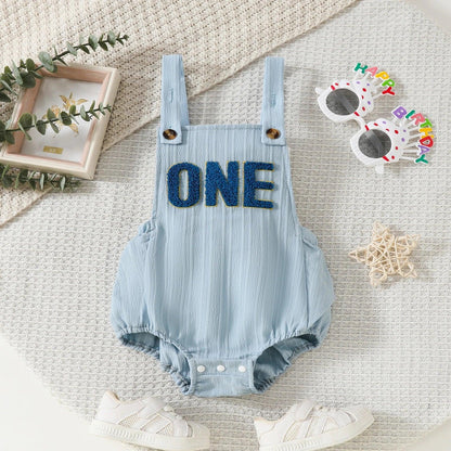 FOCUSNORM 0-18M Lovely Baby Girls Boys Birthday Romper Sleeveless Letter Embroidery Button Casual Overalls - petguardiansupplies