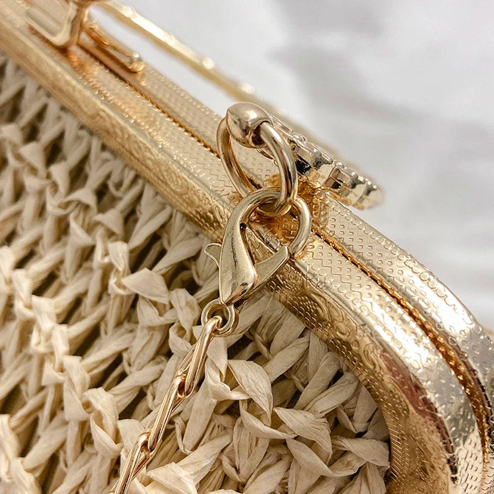 Summer Beach Straw Bags Exquisite Gold Chain Party Banquet Purse Hand Woven Handbag Female Clutch Bag Shoulder Crossbody Bags - petguardiansupplies