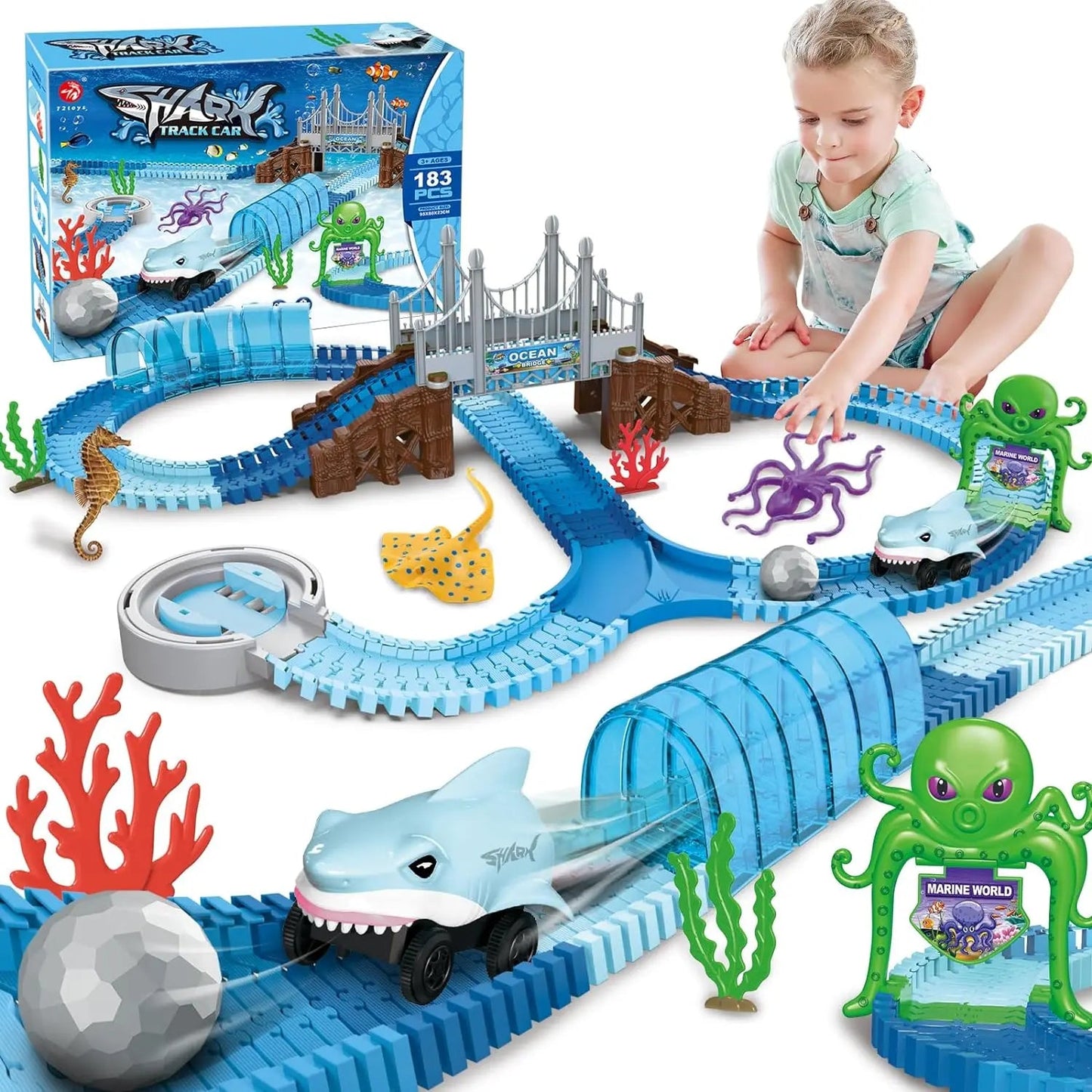 VATOS Track Toys Shark Race Car Toy for Boys Girls Age 3+ Bendable Flexible Racetrack Cars Ocean Train Toy STEM Educate Kid Set - petguardiansupplies