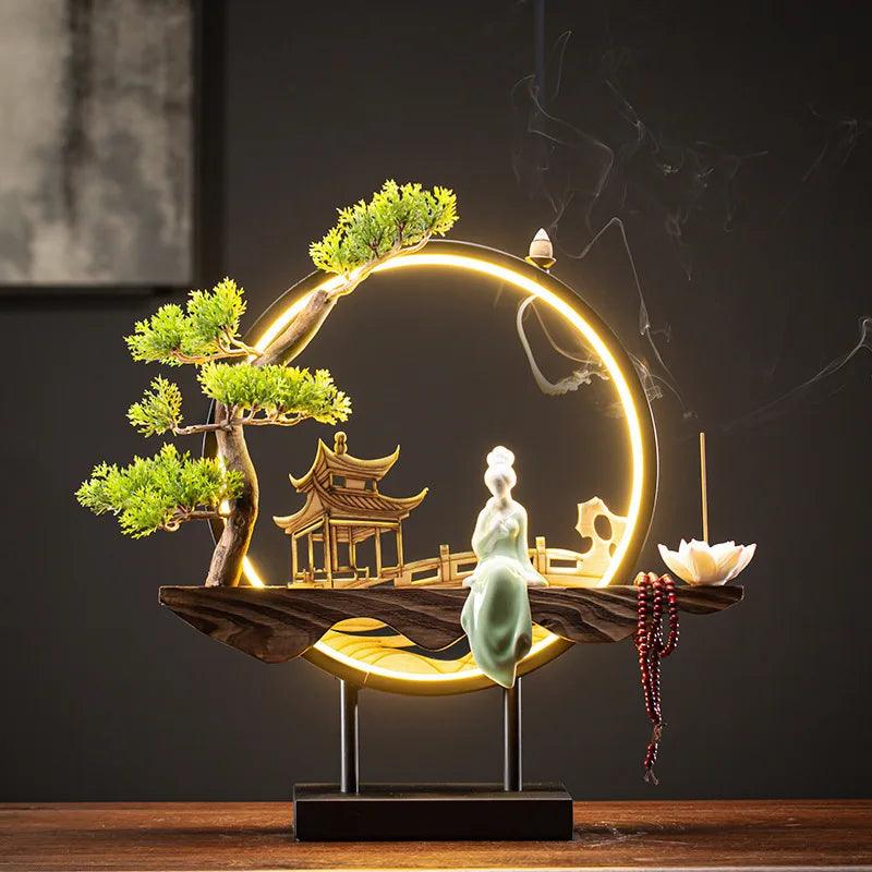 USB Light Ring Ornament LED Light Reflux Incense Burner Simulation Tree Ceramic Lotus Buddha Bead Home and Office Decoration - petguardiansupplies