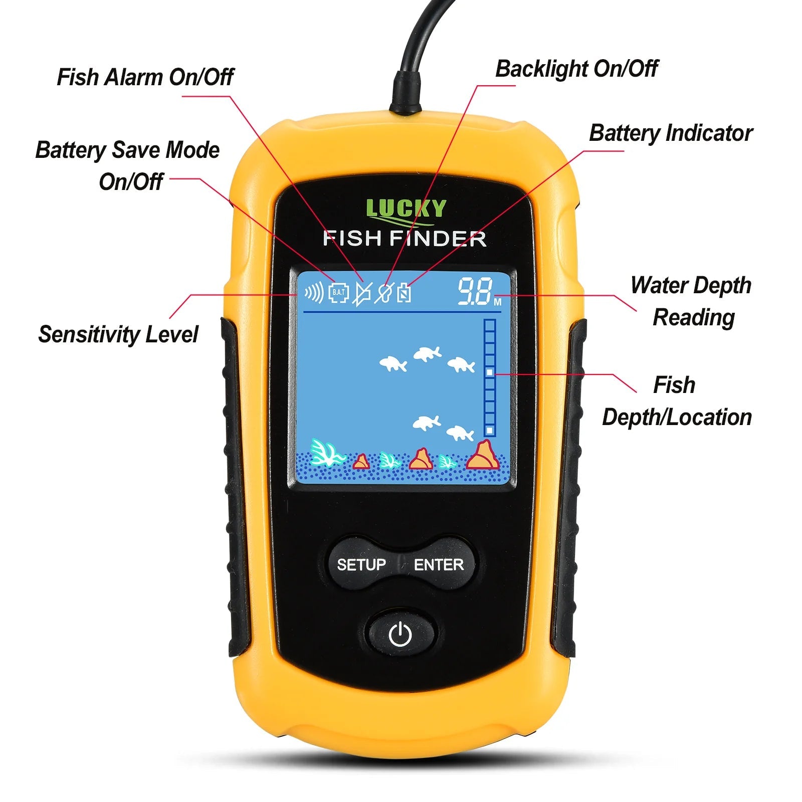 FFC1108-1 Alarm 100M Portable Sonar Fish Finders 45 degrees Sonar Coverage Echo Sounder Alarm Transducer Lake Sea Fishing - petguardiansupplies