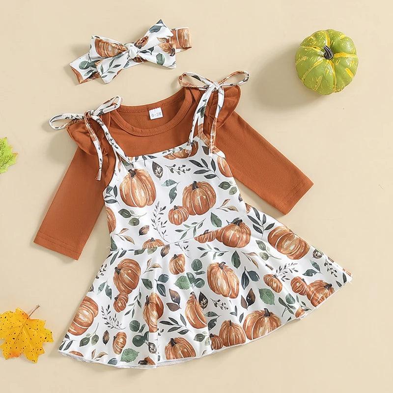 FOCUSNORM 3pcs Baby Girls Halloween Clothes Set 0-18M Pumpkin Print Long Sleeve Ruffled Romper Lacing Strap Sundress Hair Band - petguardiansupplies