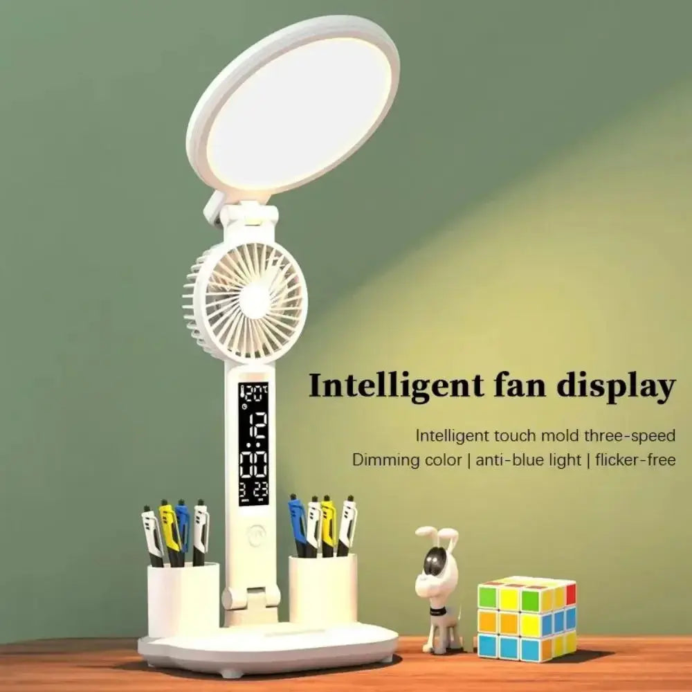 Rechargeable Foldable Touch LED Desk Lamp Table Light with Fan Calendar Clock Dispaly Eye Protection Study Reading Lamp - petguardiansupplies