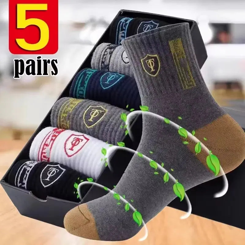 5Pairs Breathable Cotton Sports Stockings Men Bamboo Fiber Autumn and Winter Men Socks Sweat Absorption Deodorant Business Sox - petguardiansupplies