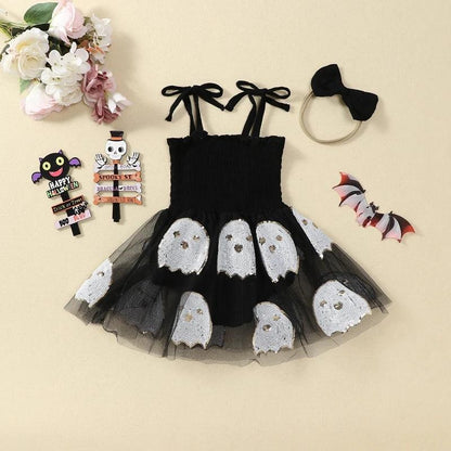 FOCUSNORM 0-24M Lovely Baby Girls Halloween Romper Dress Letter Embroidery Ghost Sequin Tie Spaghetti Strap Jumpsuit Headband - petguardiansupplies