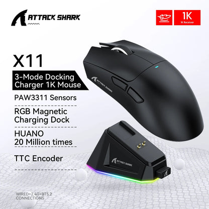 Attack Shark X11 Wireless Mouse,Bluetooth/2.4G/wired Tri-Mode Mouse ,PAW3311 RGB Magnetic charging dock Gaming Mouse - petguardiansupplies