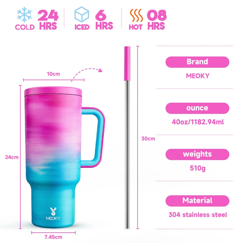 Meoky 40oz Tumbler Handle Straw Multiple Prints Stainless Steel Bottle Thermos Coffee Cup Portable Vacuum Insulated Car Mug Gift - petguardiansupplies