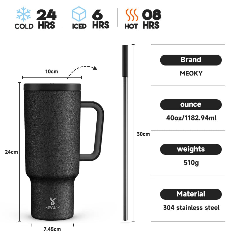 Meoky 40oz Tumbler Handle Straw Multiple Prints Stainless Steel Bottle Thermos Coffee Cup Portable Vacuum Insulated Car Mug Gift - petguardiansupplies