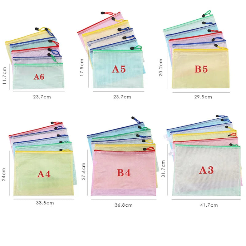 5PCS Stationery Storage Folder File Mesh Zipper Pouch A4 A5 A6 Document Bag Zip File Folders School Office Supplies - petguardiansupplies