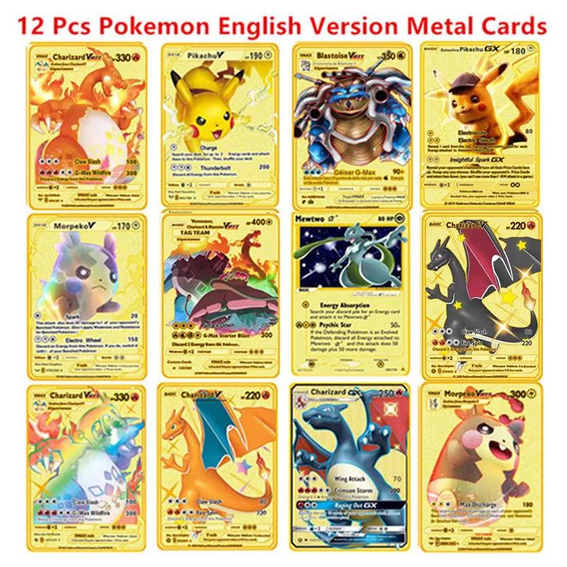 Pokemon English Metal Card Anime Pikachu Charizard Mewtwo Blastoise Vmax Shiny Letters Game Collection Card Kids Toy Gifts - petguardiansupplies