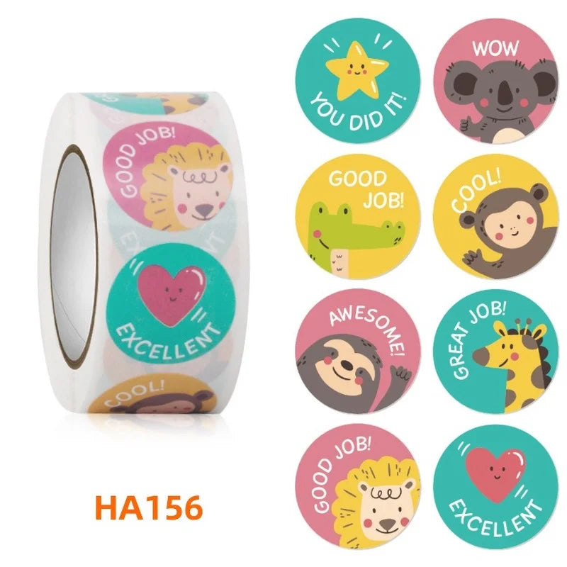 100-500 Pcs 1inch/2.5cm Animal Good Job Cool Stickers Roll for Envelope Praise Reward Student Work Label Stationery Seal Lable - petguardiansupplies