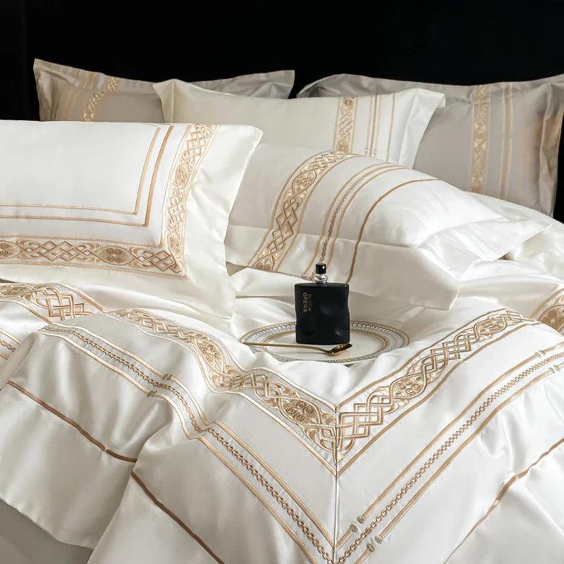 100% Egyptian Cotton Luxury Gold Embroidery Hotel Style Bedding White Grey Duvet Cover Set Fitted Sheet Bed Sheet Pillowcases - petguardiansupplies