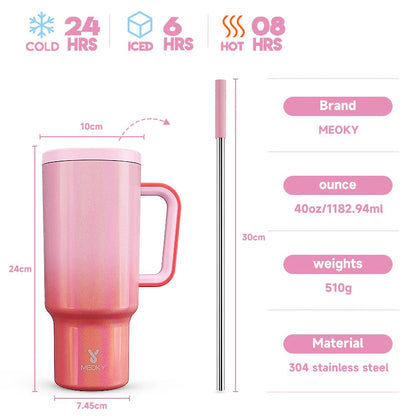 Meoky 40oz Tumbler Handle Straw Multiple Prints Stainless Steel Bottle Thermos Coffee Cup Portable Vacuum Insulated Car Mug Gift - petguardiansupplies