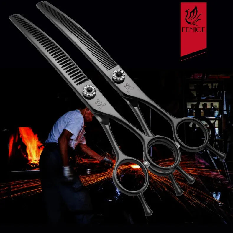 Fenice Professional JP440c 7 inch High quality Pet dog Grooming Scissors Curved thinning Shears Chunker Thinner Scissors - petguardiansupplies