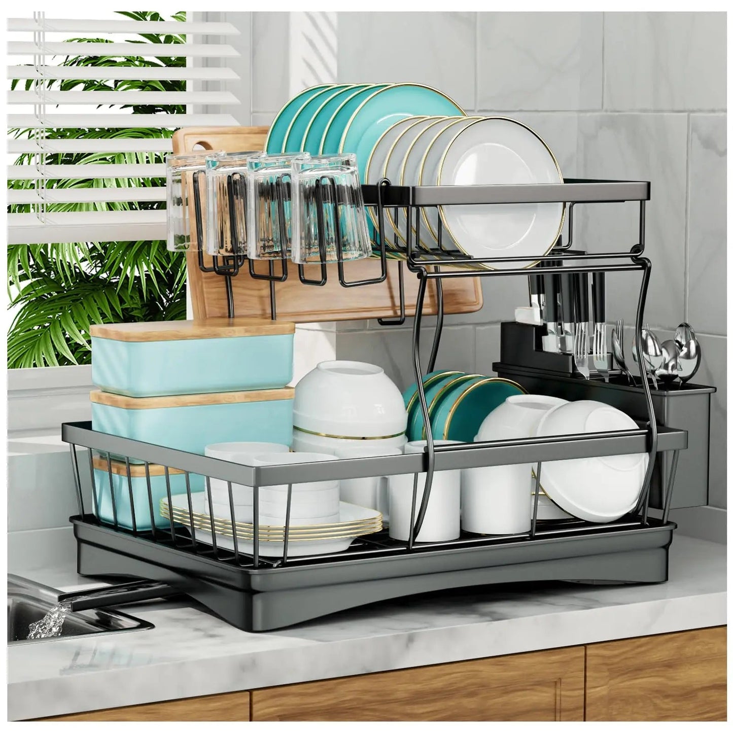 Large 2-tier dish drying rack for kitchen countertops, removable large-capacity dish draining rack - petguardiansupplies