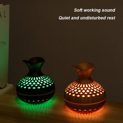 300ML Wood Grain Flower Humidifier Silent Aromatherapy Diffuser USB Rechargeable Mini Humidifier with Colourful Night Light - petguardiansupplies