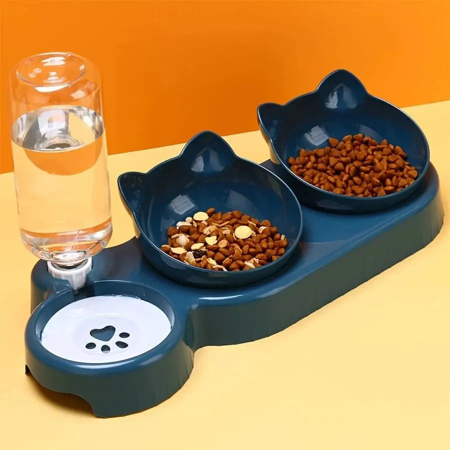 Pet Bowls With Water Feeder, 3 In 1 Ear Design Tilted Cat Water And Food Bowl Set With Gravity Water Bottle For Neck Protection - petguardiansupplies