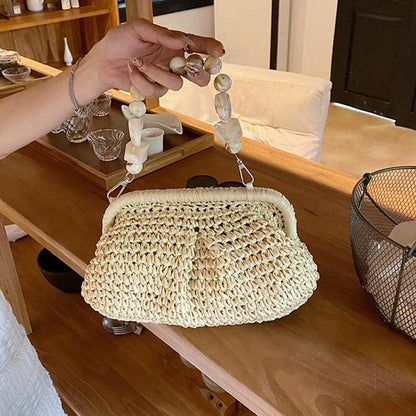 Summer Beach Straw Bags Exquisite Gold Chain Party Banquet Purse Hand Woven Handbag Female Clutch Bag Shoulder Crossbody Bags - petguardiansupplies