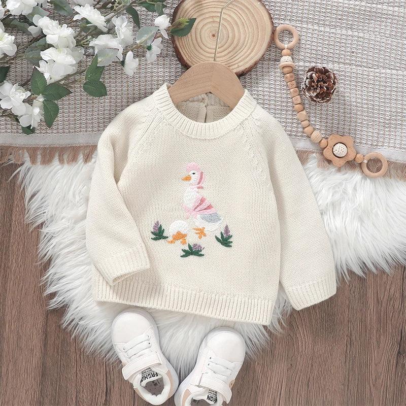 FOCUSNORM 4 Colors Lovely Baby Girls Sweater 0-3Y Cartoon Duck Embroidery Long Sleeve Pullovers Fall Winter Kids Jumpers Tops - petguardiansupplies