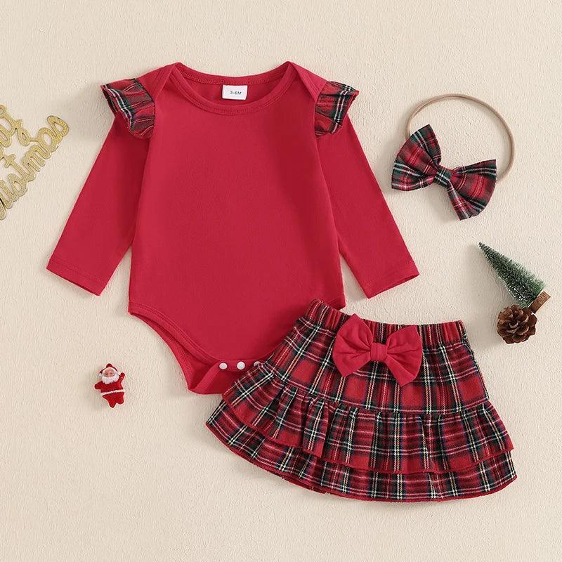 FOCUSNORM 3pcs Lovely Baby Girls Clothes Sets 0-18M Long Sleeve Solid Button Romper Bow Tiered Ruffle Plaid Print Skirt Headband - petguardiansupplies