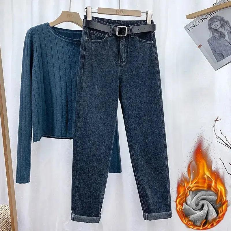 High-waisted Fleece-lined Women's Jeans Slimming Loose-fit Straight-leg Autumn/winter Warm Denim Pants - petguardiansupplies