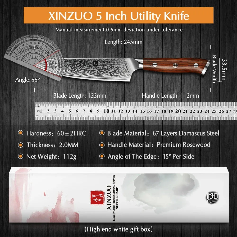 XINZUO 5'' Inch Utility Knives Japanese Damascus Steel Kitchen Knife Rosewood Handle Top Selling Small Knife Fruit Cook Knives - petguardiansupplies