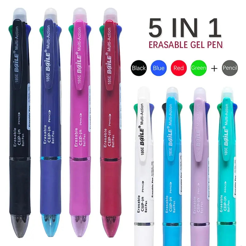 Creative 5 In 1 Erasable Gel Pen 0.7mm Blue Black Red Green Magic Refills 0.5mm Mechanical Pencil Writing Painting Stationery - petguardiansupplies