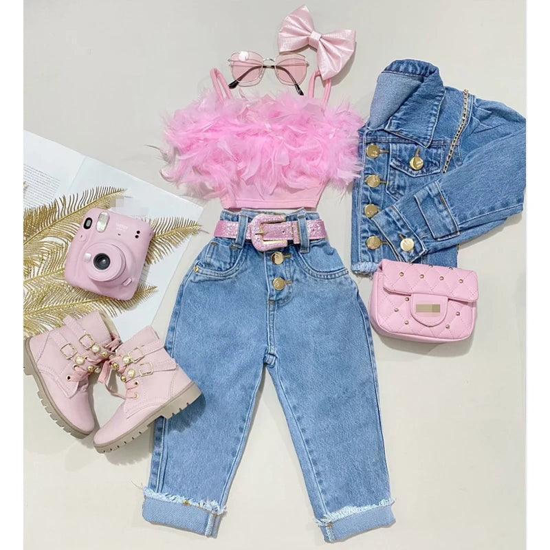 FOCUSNORM Little Girls Fashion Clothes Sets 1-6Y Ruffles Fur Feather Sleeveless Camisole Tops+High Waist Denim Pants 2pcs - petguardiansupplies