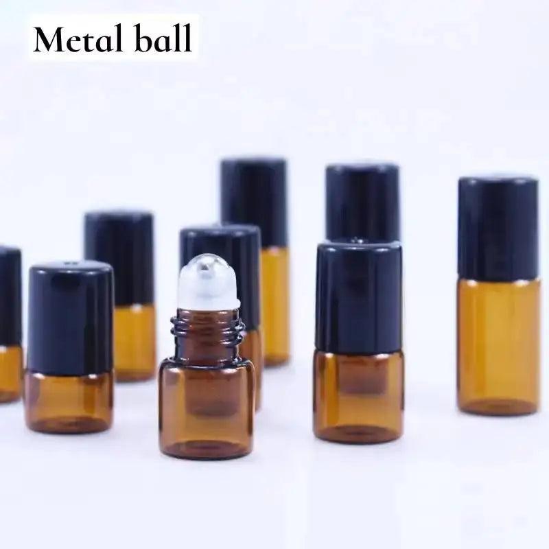 50PCS 1/2/3/5ML Metal Roller Ball Essential Glass Oil Bottle Empty Perfume Roll on Ball Refillable Liquid Container Amber - petguardiansupplies