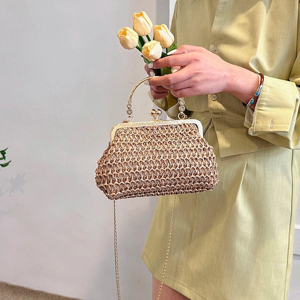 Summer Beach Straw Bags Exquisite Gold Chain Party Banquet Purse Hand Woven Handbag Female Clutch Bag Shoulder Crossbody Bags - petguardiansupplies