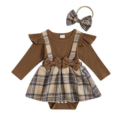 FOCUSNORM 0-18M Lovely Baby Girls Autumn Romper Dress Long Sleeve O Neck Plaid Print Patchwork Bow Jumpsuits with Headband - petguardiansupplies